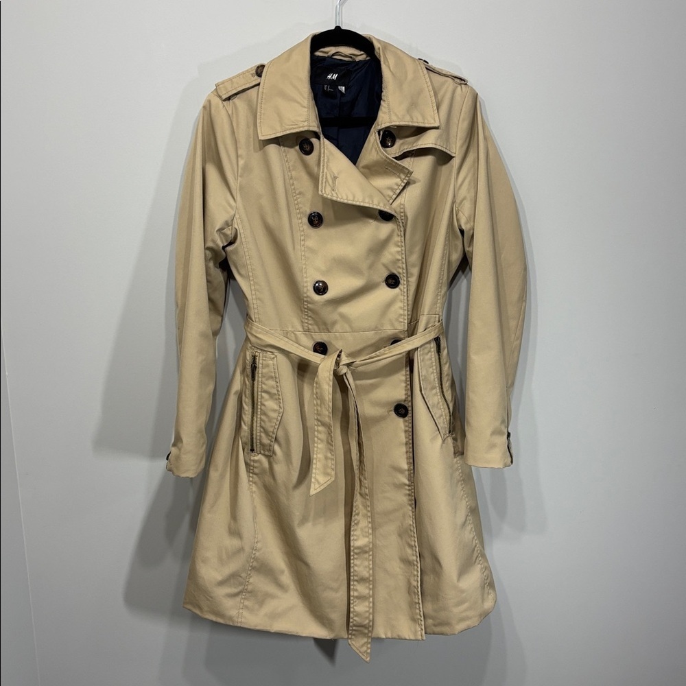 H and M Double Breasted Raglan Trench Coat Jacket Size 14 Colour Tan - Picture 2 of 15